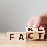 Fact or Fake concept, Hand flip wood cube change the word, April fools day